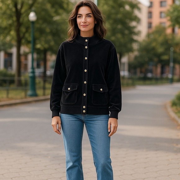 Lauren Ralph Lauren Jacket Women's 2X Black Velvet Pockets Y2K Vintage Snaps - Picture 1 of 13